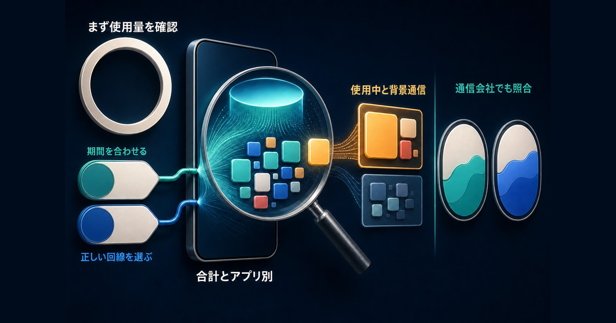 期間と回線を合わせて合計・アプリ別の通信量を確認する図