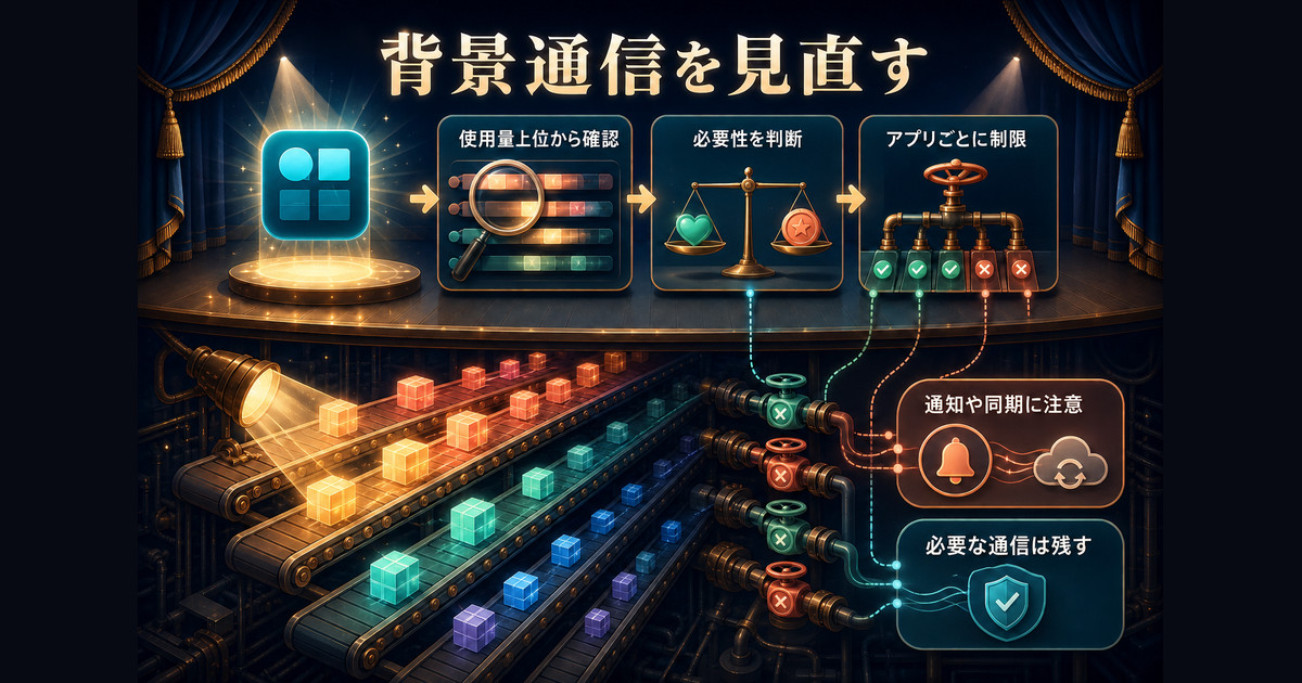 アプリの背景通信を必要性と通知・同期への影響から判断する図