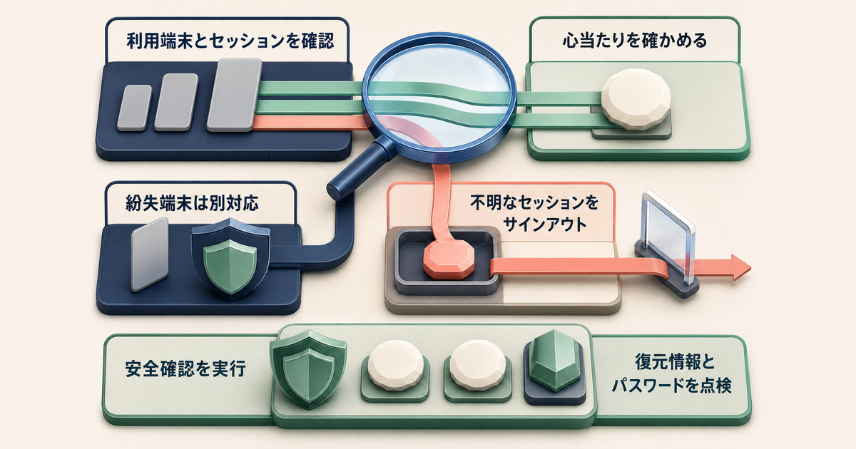 Googleアカウントの端末・セッション・安全上の推奨事項を確認する図