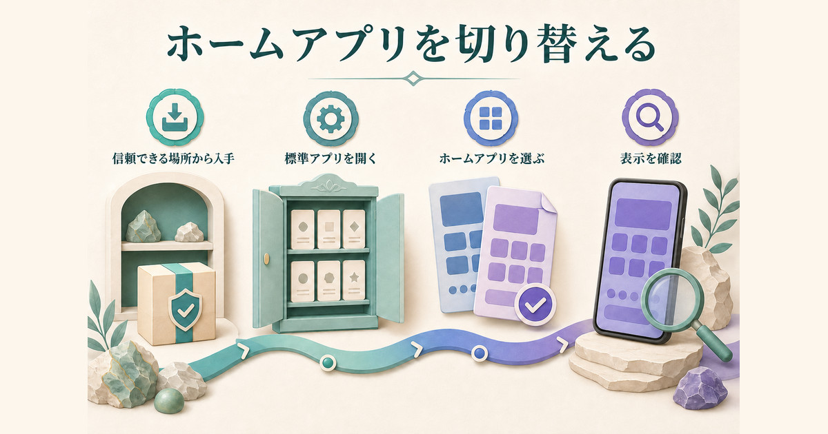 信頼できる入手先からホームアプリを追加し、標準アプリ設定で選択して表示を確認する流れ