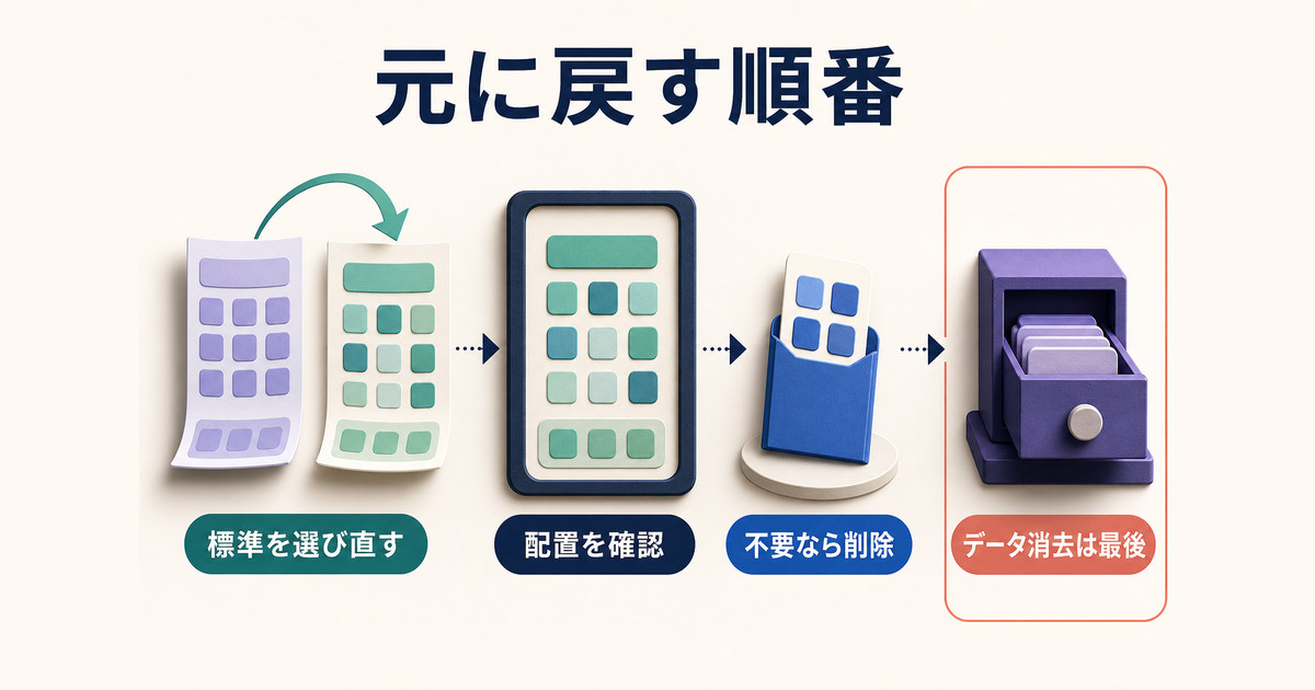 標準ホームアプリへ戻して配置を確認し、不要なアプリの削除やデータ消去は影響を確かめて進める順番