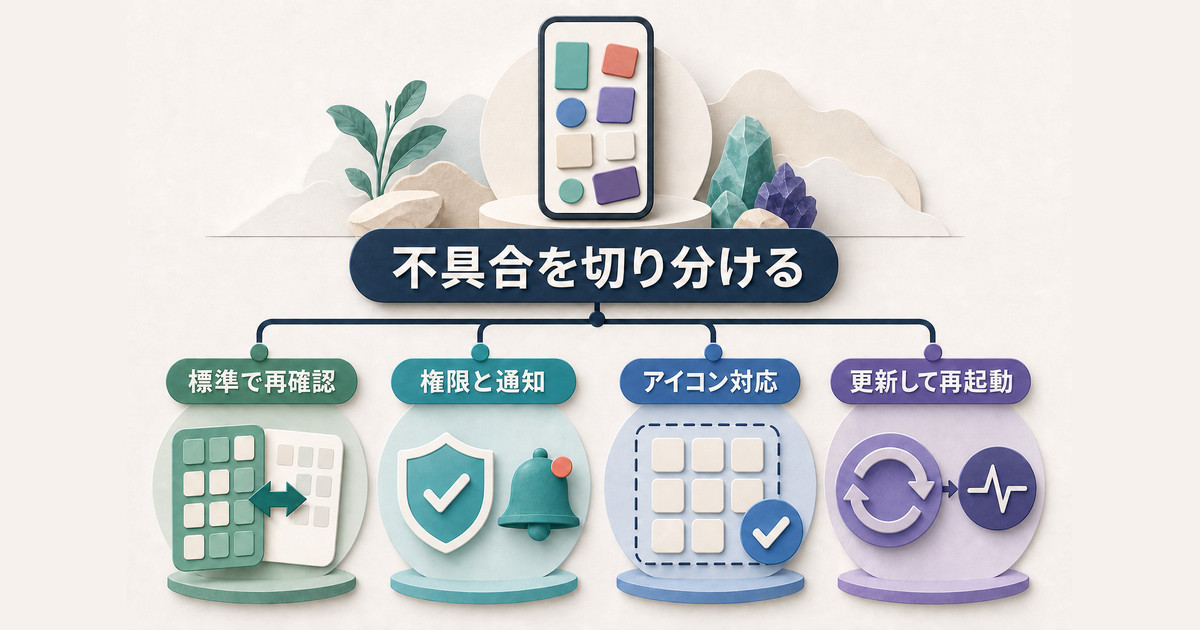 標準ホームアプリとの比較、権限と通知、アイコン対応、更新と再起動でランチャーの不具合を切り分ける方法