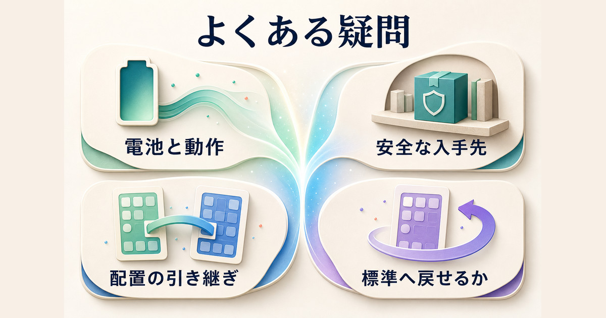 電池と動作、安全な入手先、ホーム画面配置の引き継ぎ、標準へ戻す方法という主な疑問