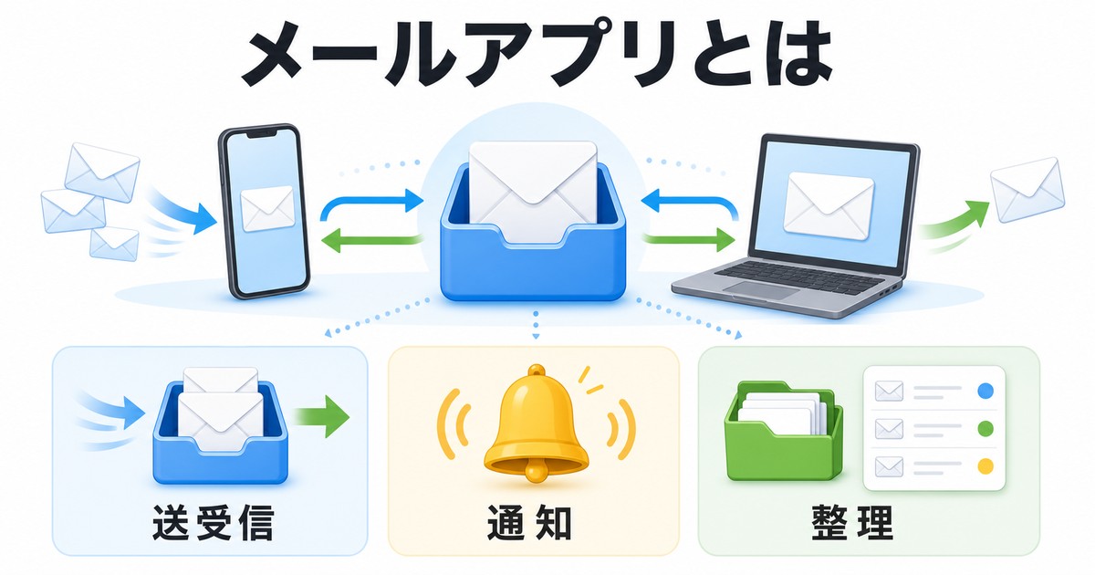 メーラーアプリが送受信、通知、整理の入口になることをまとめたImage2図解