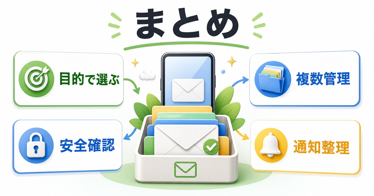 目的で選ぶ、複数管理、安全確認、通知整理でAndroidのメールアプリ選びをまとめたImage2図解