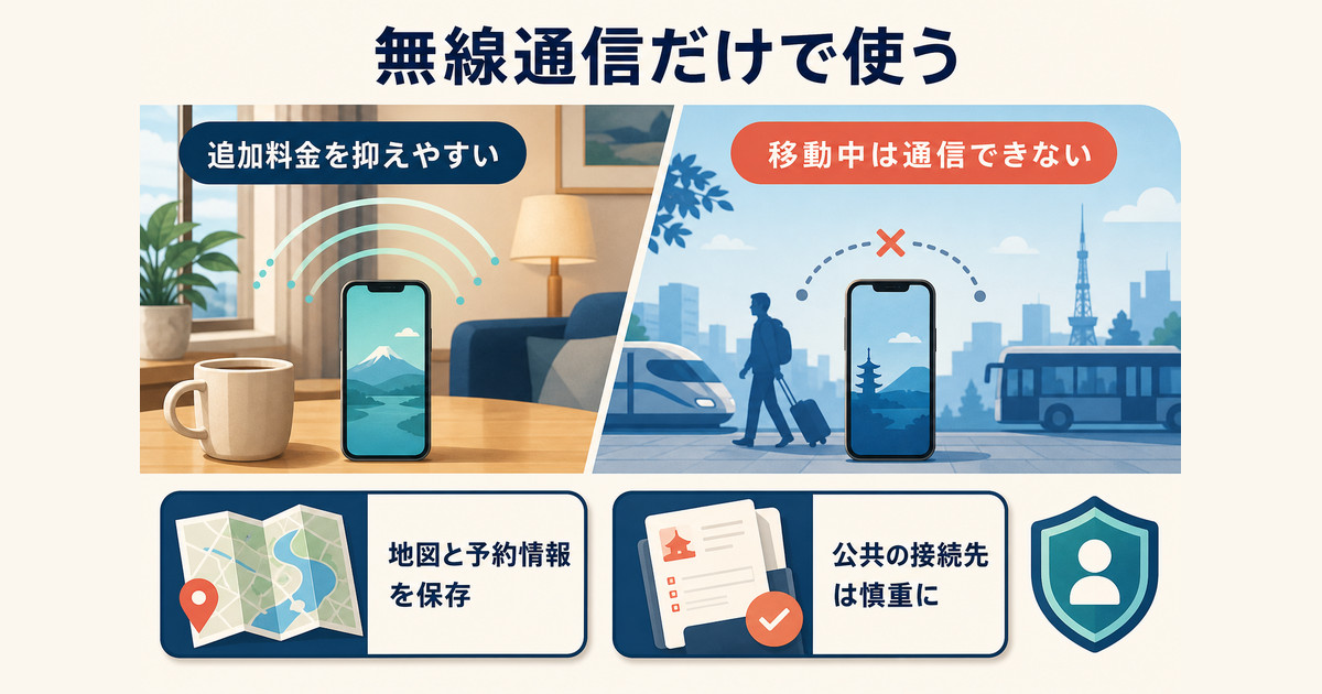 無線通信だけで海外利用する場合の料金面の利点、移動中の制約、事前保存と安全上の注意