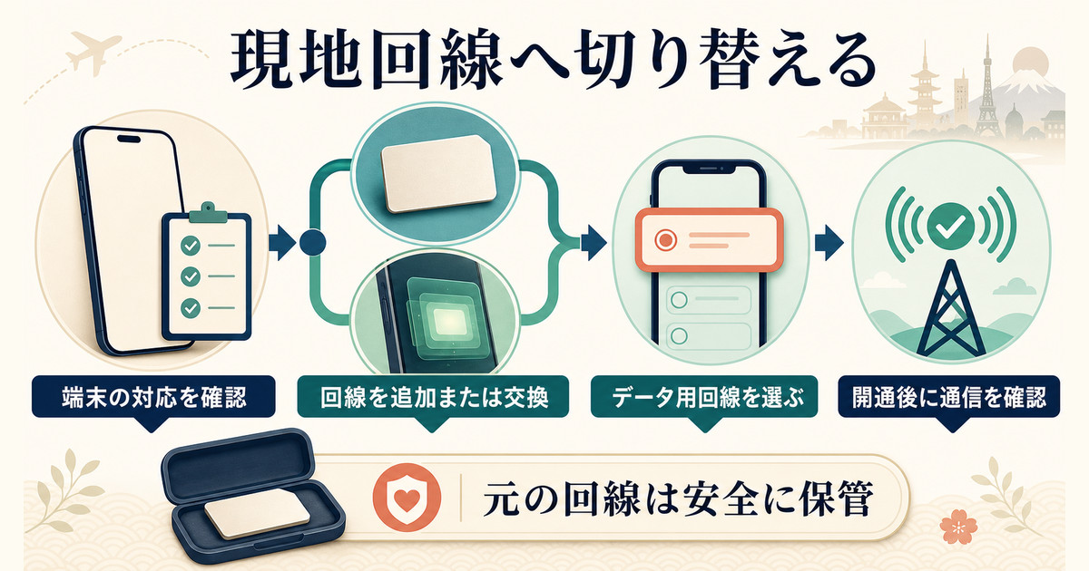 端末の対応確認から海外用回線の追加または交換、データ用回線の選択、開通確認までの流れ