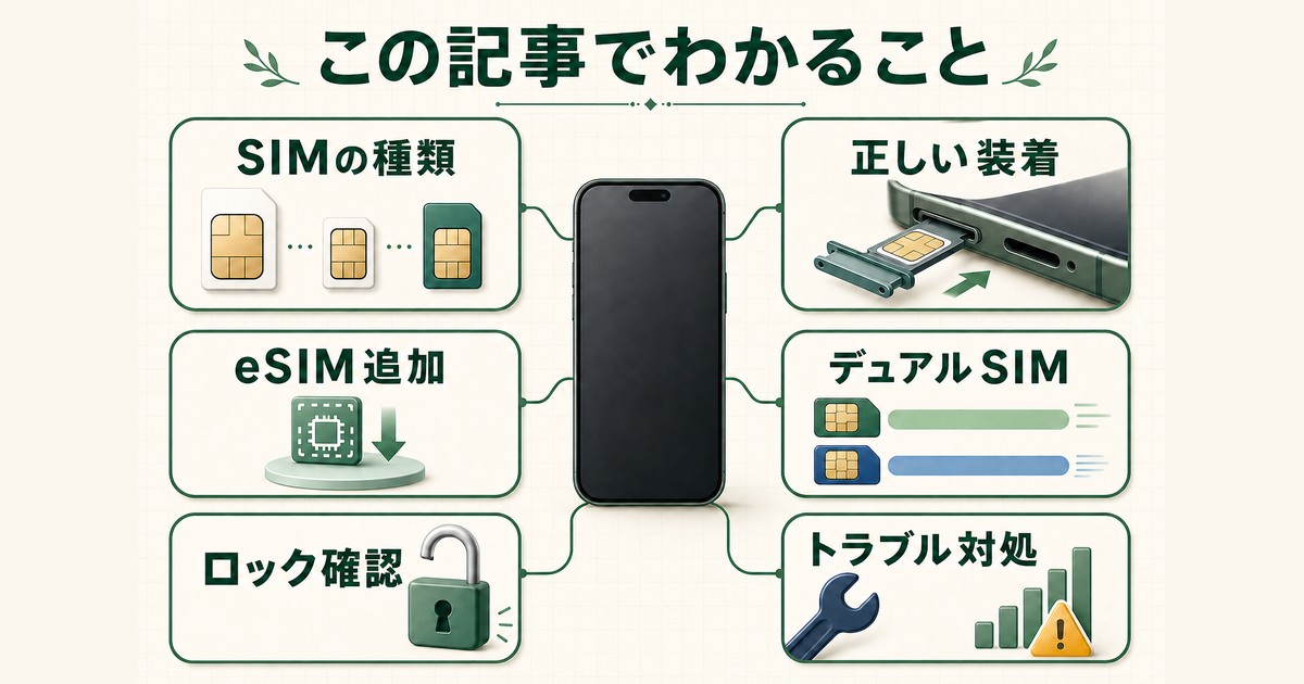 SIMの種類・装着・eSIM追加・デュアルSIM・ロック確認・対処法の全体像