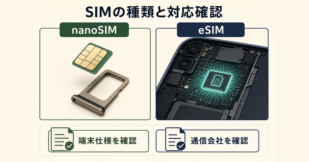 nanoSIMとeSIMの違いと端末仕様・通信会社の対応確認を示す図解