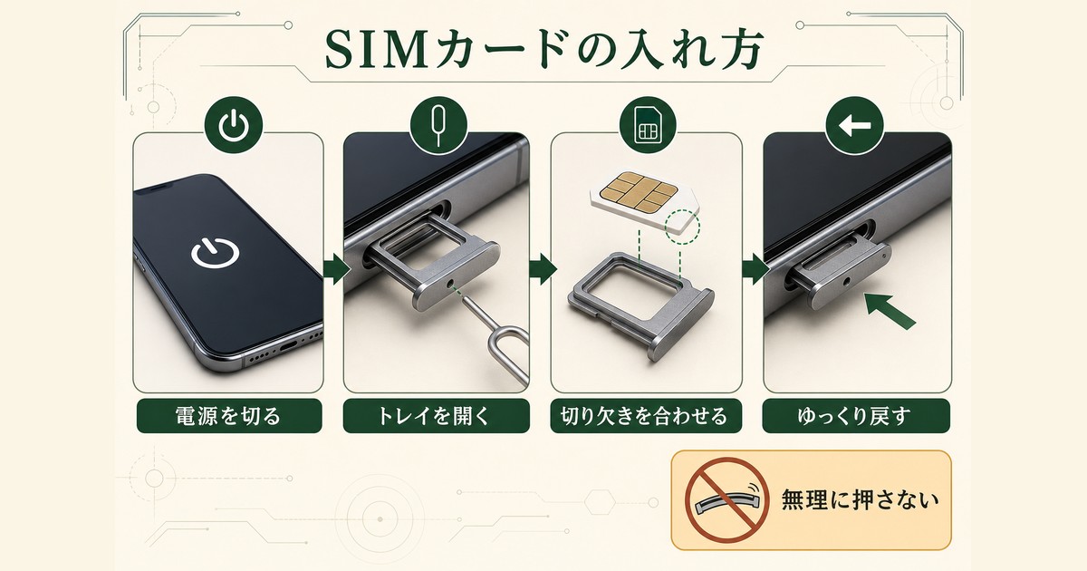 電源を切ってSIMトレイを開き切り欠きを合わせて戻す手順の図解