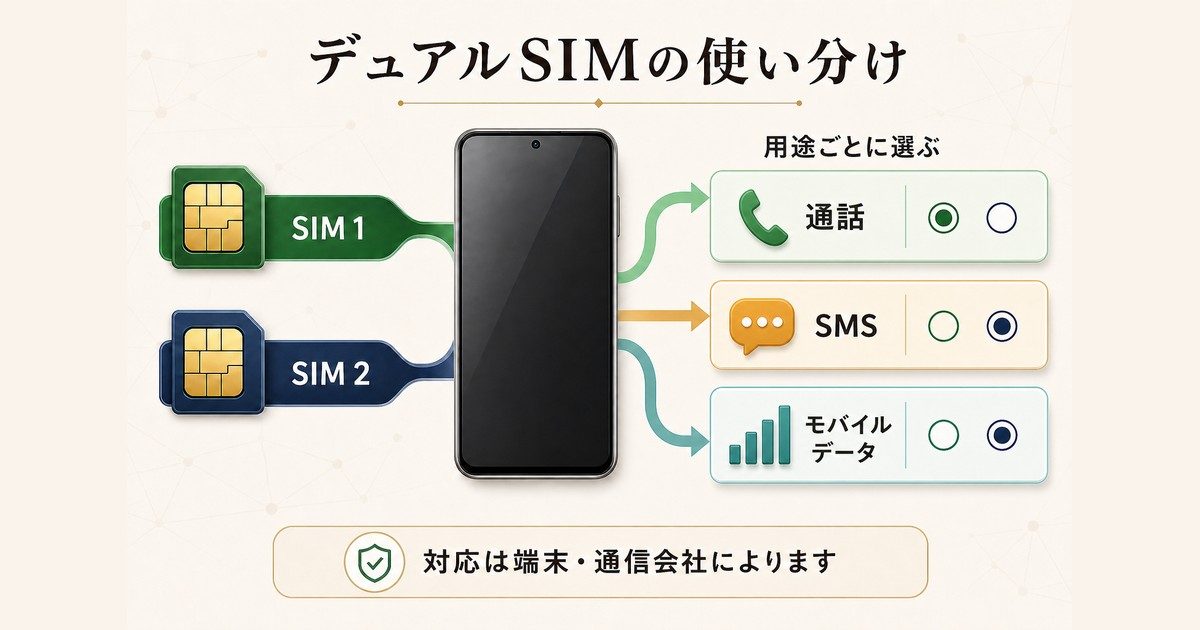 2つのSIMを通話・SMS・モバイルデータの用途別に選ぶ図解