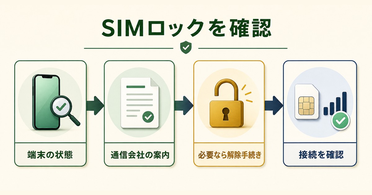 端末のSIMロック状態を確認して必要なら通信会社で解除し接続確認する図解