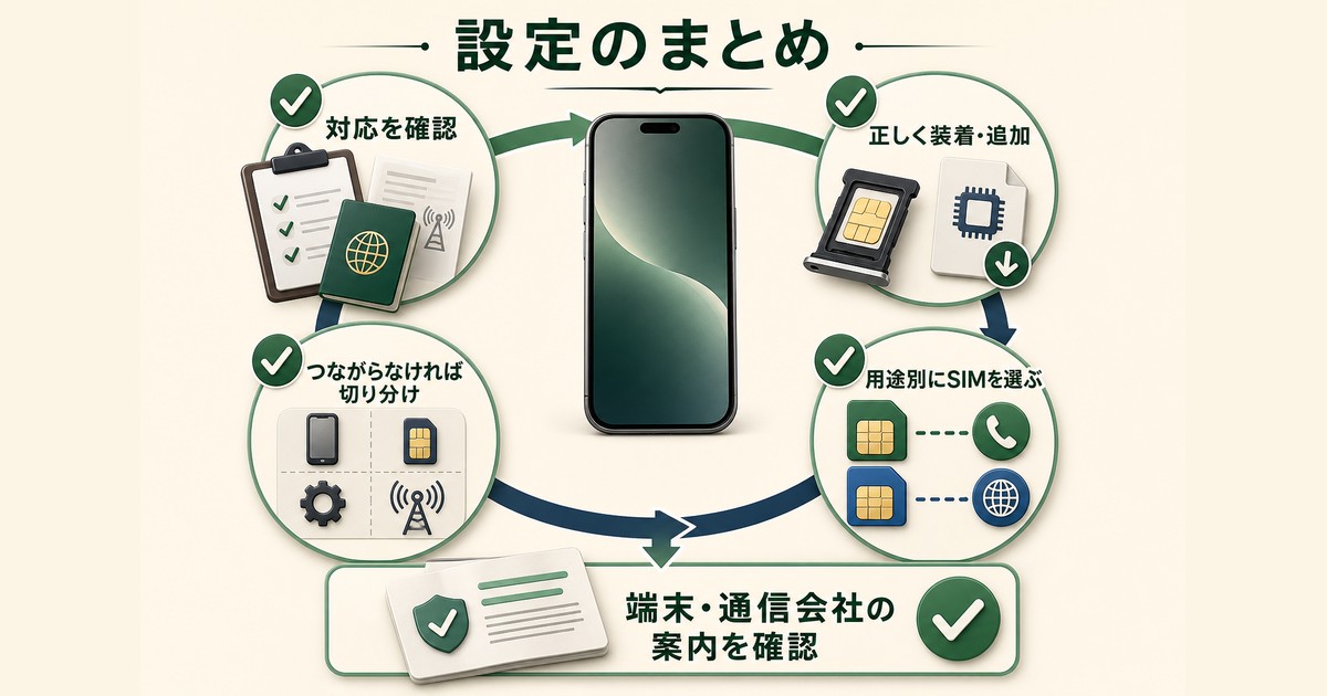 SIMとeSIMの対応確認・装着追加・用途別選択・トラブル切り分けのまとめ図解