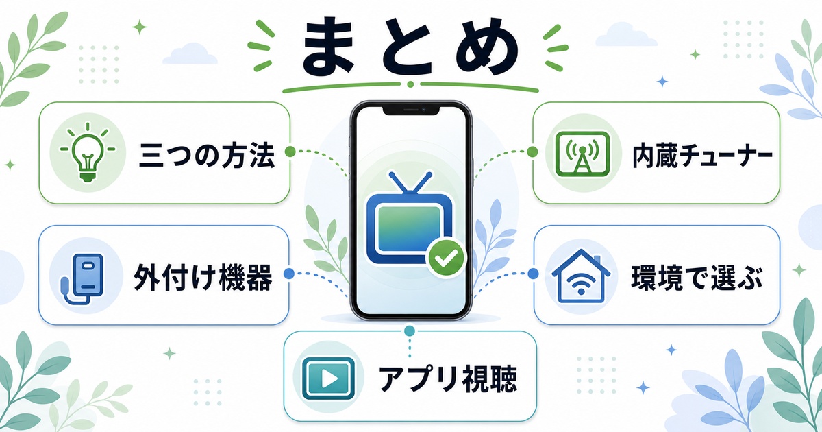 Androidでテレビを見る三つの方法として内蔵チューナー、外付け機器、アプリ視聴、環境で選ぶことをまとめたImage2図解