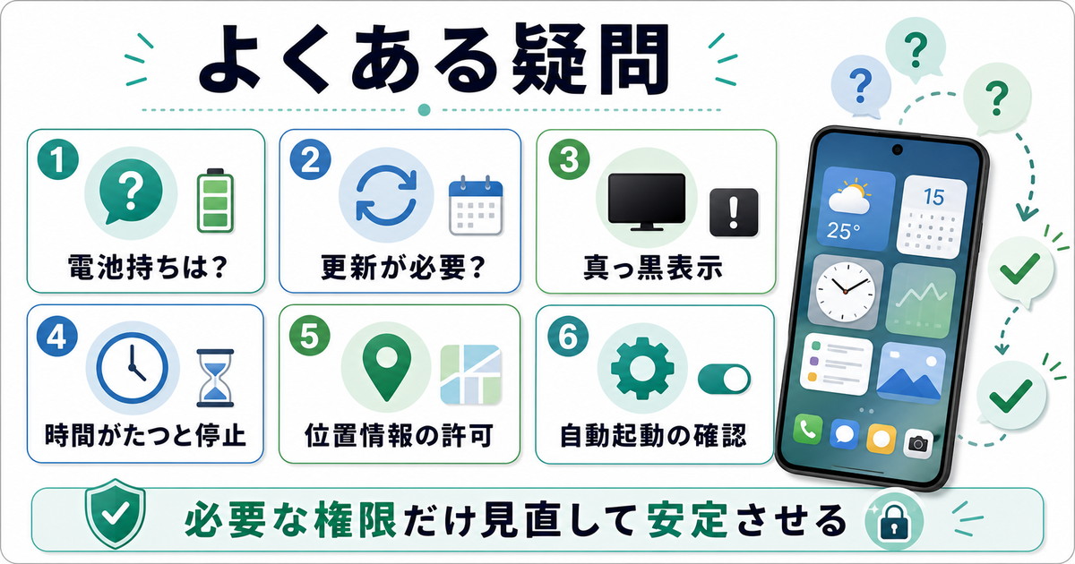 電池持ち更新が必要真っ黒表示時間がたつと停止位置情報自動起動を整理したFAQ図解