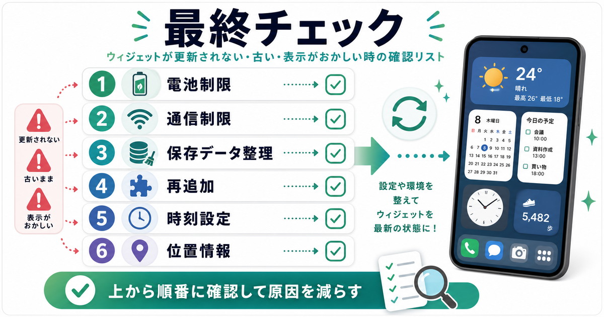 電池制限通信制限保存データ整理再追加時刻設定位置情報を順番に確認する図解