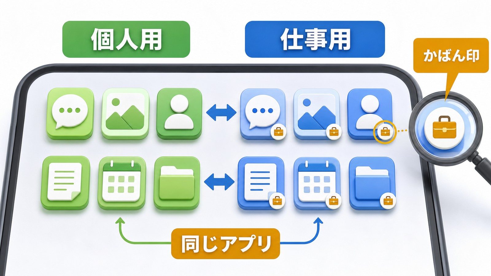 Androidの仕事用アプリはかばん印で個人用アプリと見分け同じアプリが二つ並ぶ場合があることを示す図解