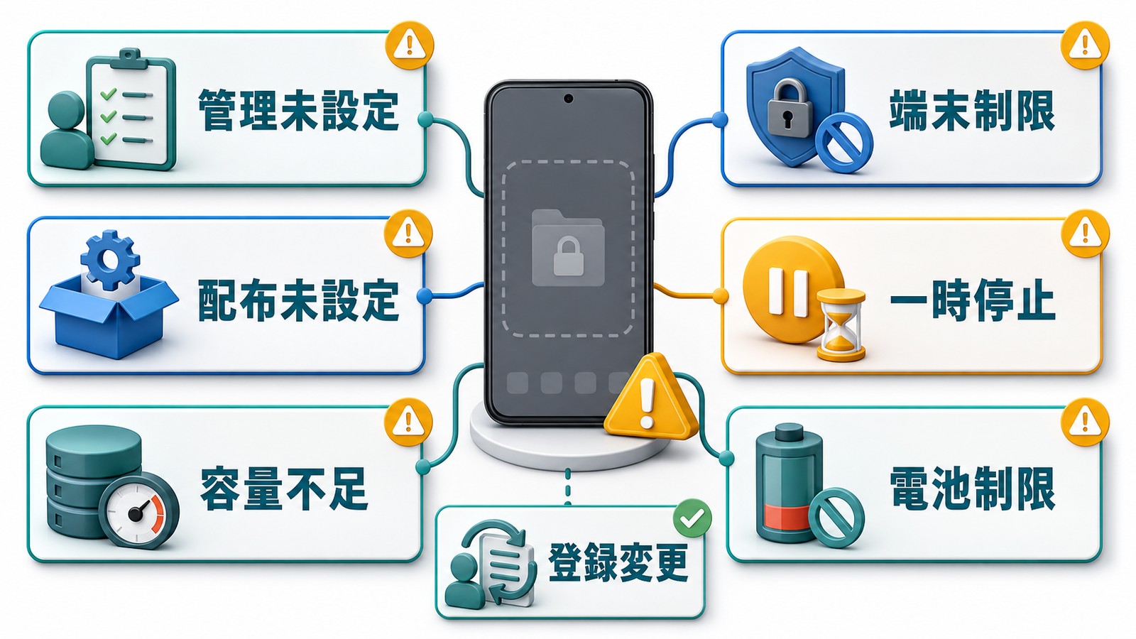 Androidの仕事用プロファイルが設定できない使えない時の管理未設定端末制限容量不足一時停止配布未設定電池制限の図解