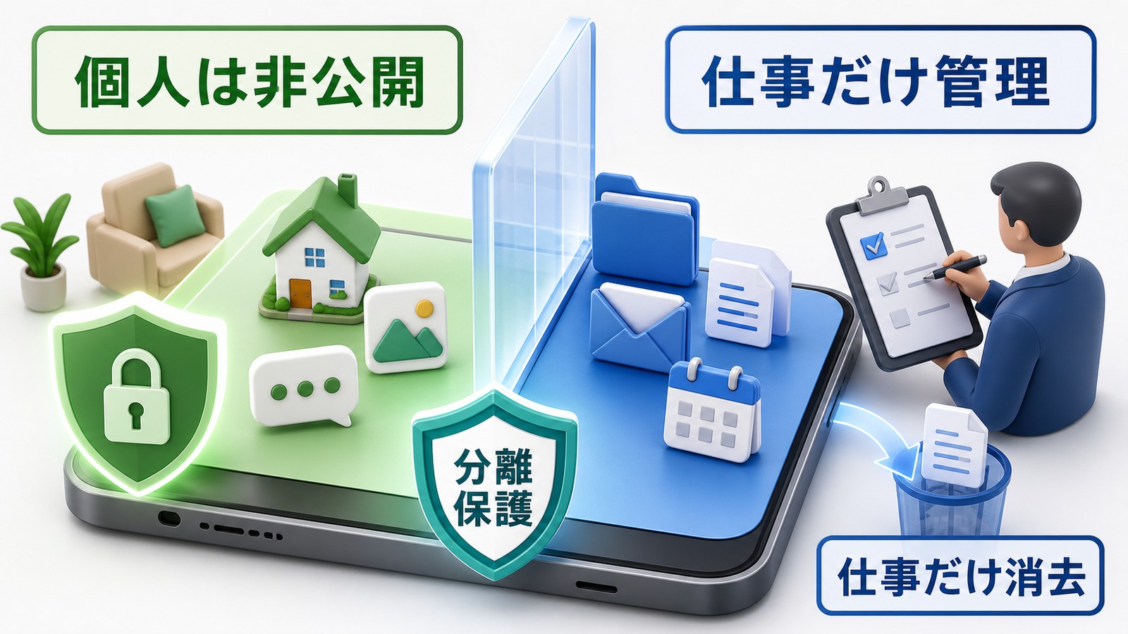 Androidの仕事用プロファイルでは個人データは非公開で仕事用データだけ管理や消去の対象になることを示す図解