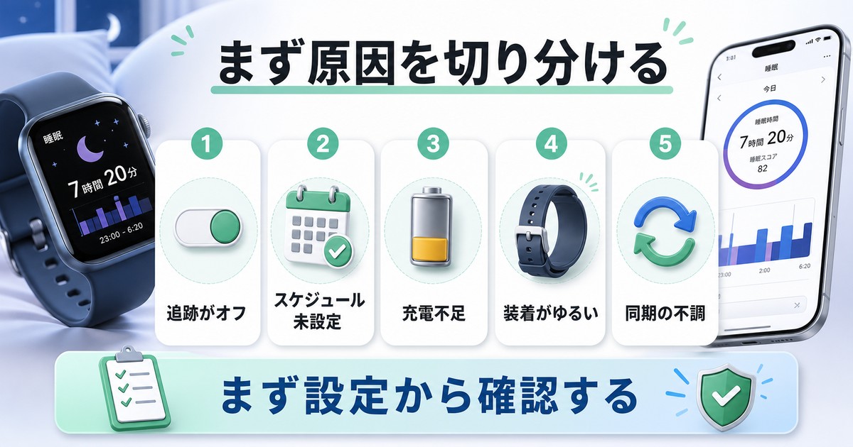 Apple Watchの睡眠が記録されない主な原因を整理した図解