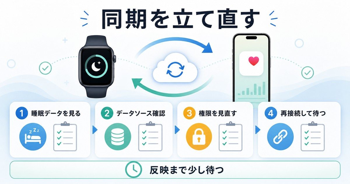 Apple WatchとiPhoneの睡眠データ同期を確認する図解