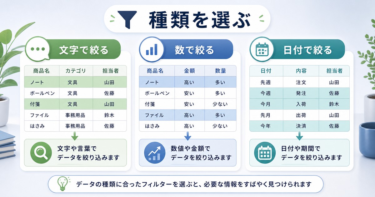 文字数値日付のフィルター種類を選ぶ図解