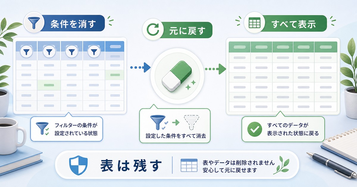 フィルター条件を消してすべて表示する方法の図解