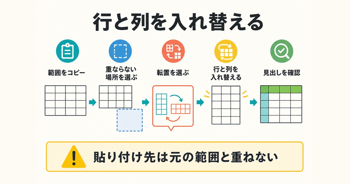 貼り付け先を元の範囲と重ねず行と列を入れ替える手順の図解