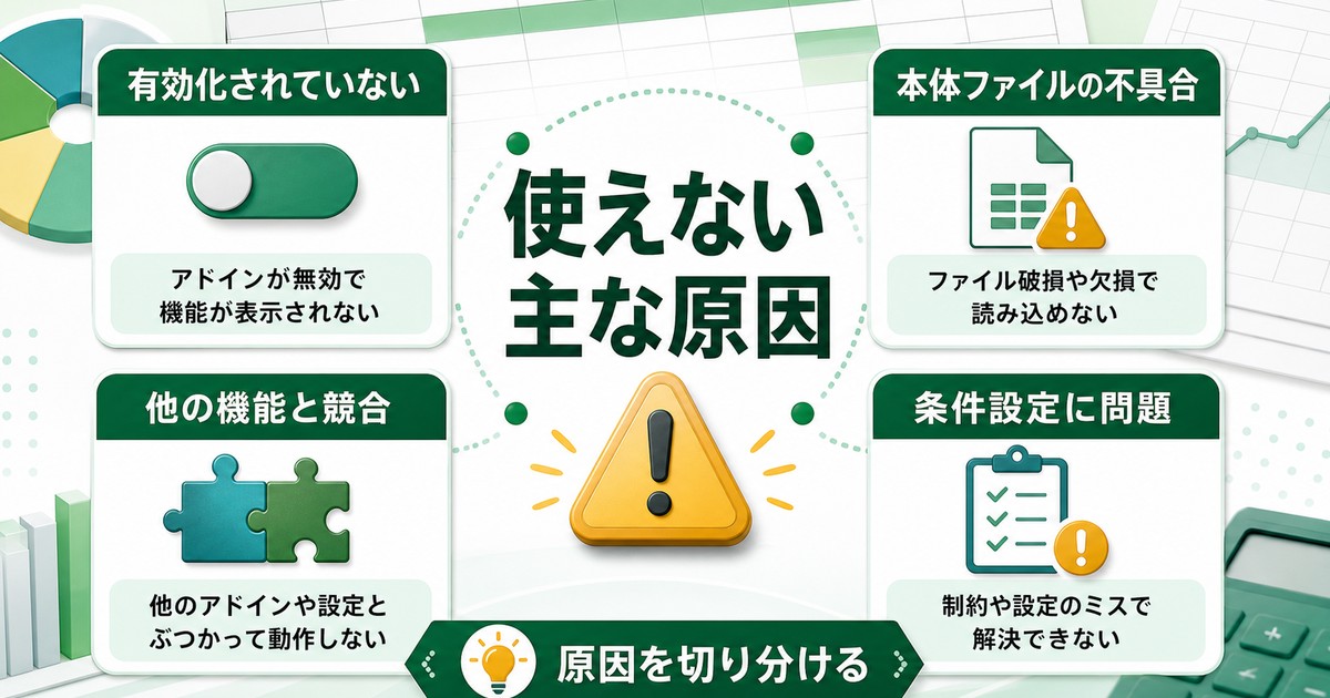 Excelのソルバーが使えない原因を有効化不足本体ファイル競合条件設定に分けて確認する図解