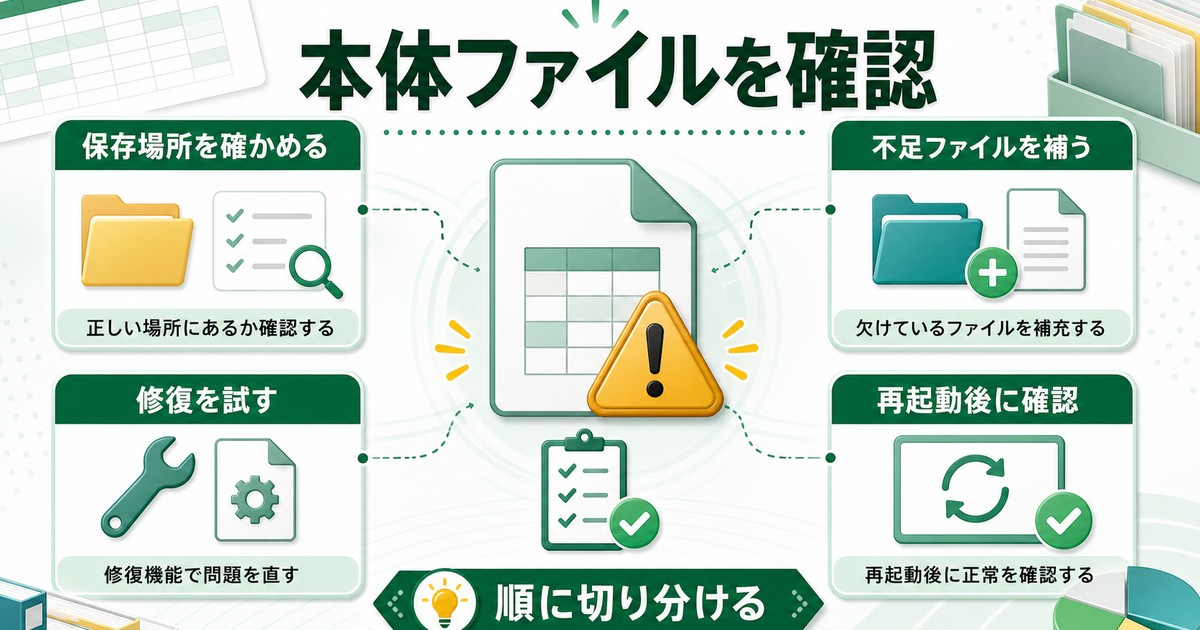 ソルバー本体ファイルの保存場所不足ファイル修復再起動後確認を順に試す図解