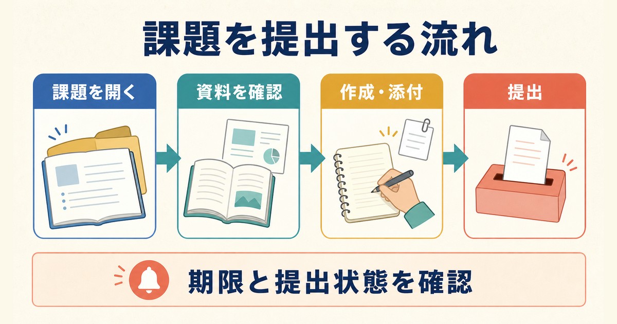 生徒が課題を開き資料確認・作成添付・提出を進める図解