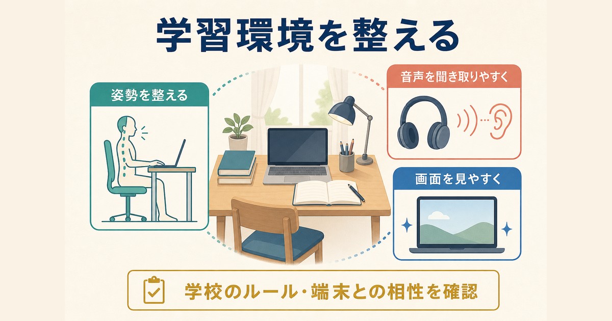 姿勢・音声・画面を整えてGoogle Classroomの学習環境を見直す図解