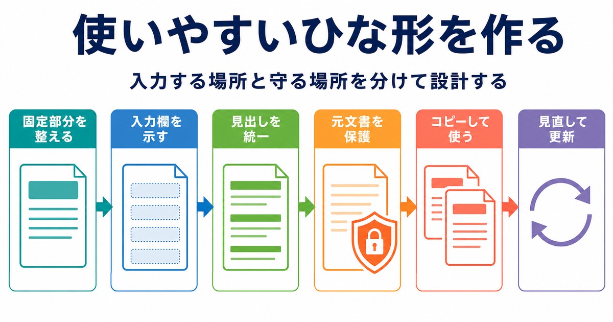 固定部分入力欄見出し保護コピー更新で使いやすいひな形を作る図解