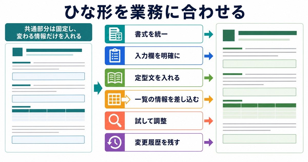 書式入力欄定型文差し込み調整変更履歴でひな形を業務に合わせる図解
