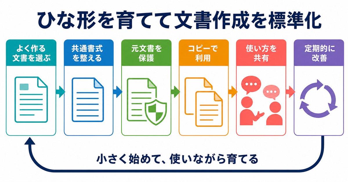 文書選択共通書式元文書保護コピー共有改善でひな形を育てるまとめ図解