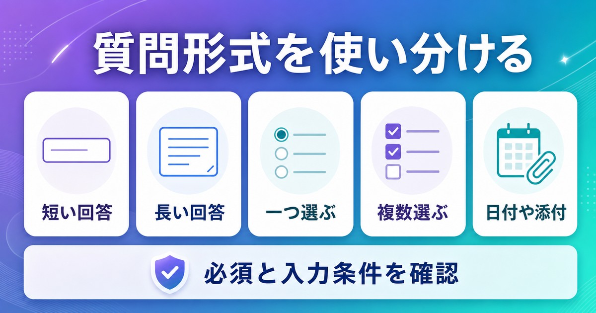 短文長文単一選択複数選択日付添付の質問形式を使い分ける図解