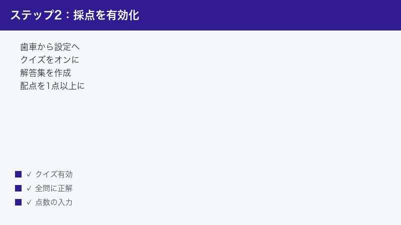 クイズモードを有効にして解答集と配点を設定する手順の図解