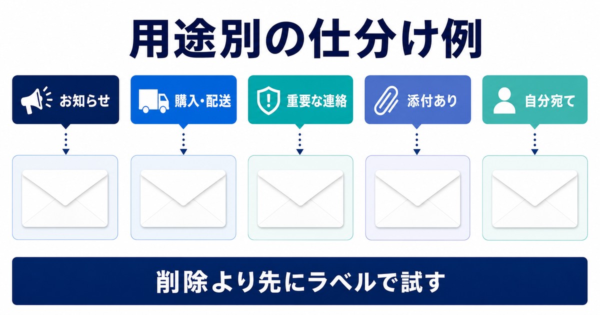 お知らせ購入配送重要な連絡添付あり自分宛ての用途別仕分け例の図解