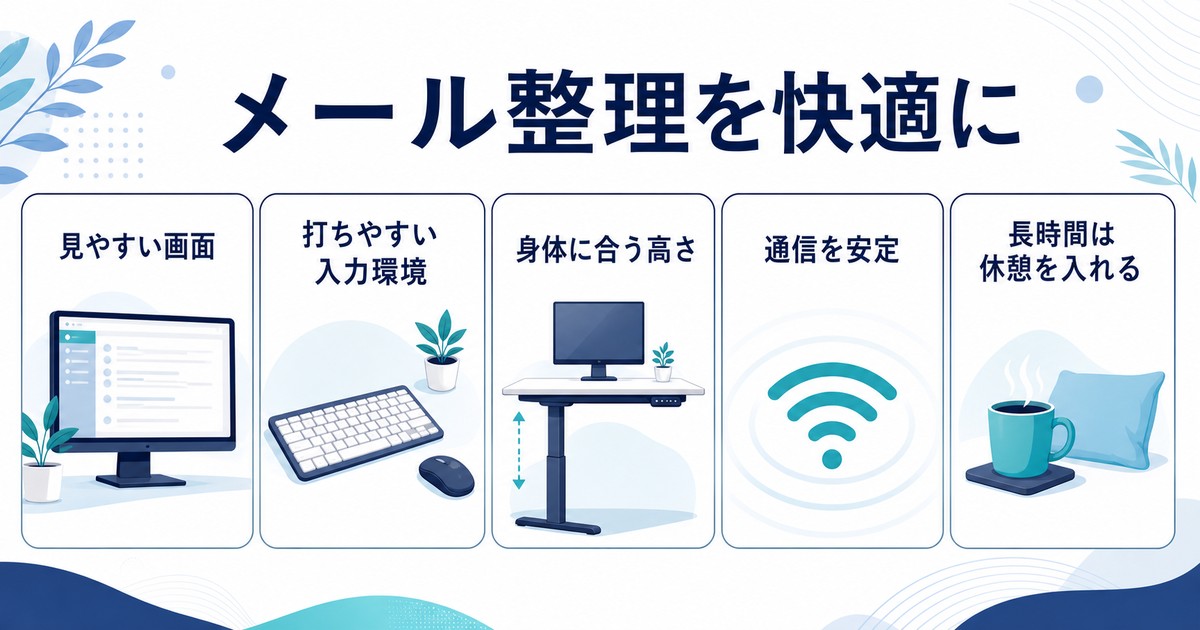 見やすい画面入力環境机の高さ通信休憩を整えたメール管理環境の図解