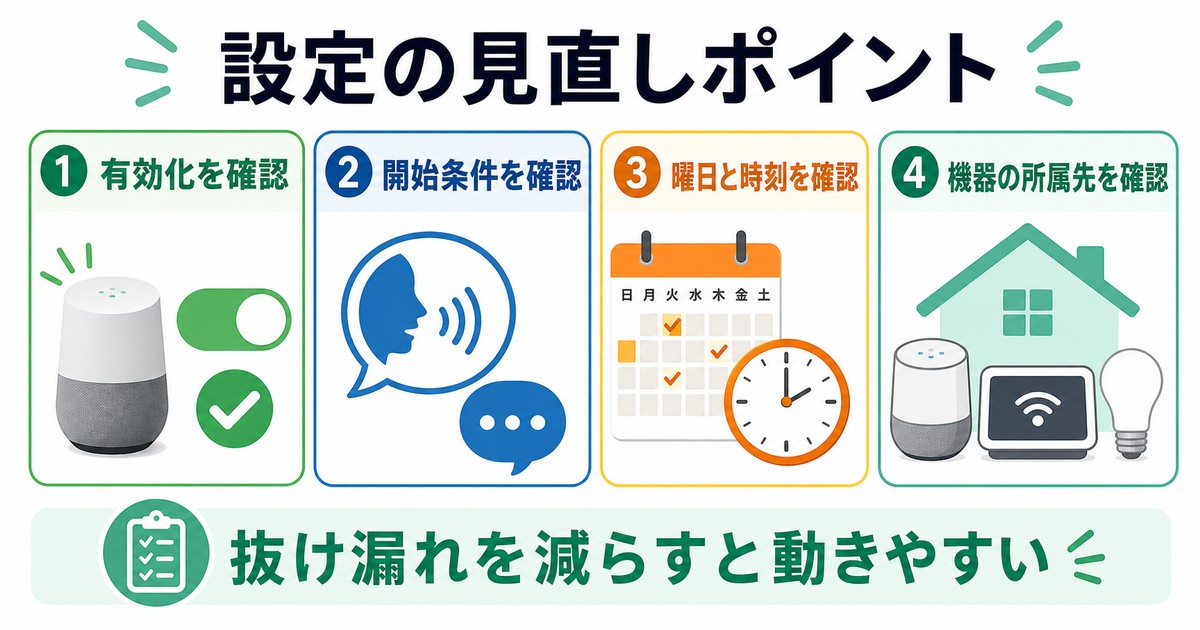 ルーティンの有効化開始条件曜日時刻所属先の確認ポイントを整理した図解