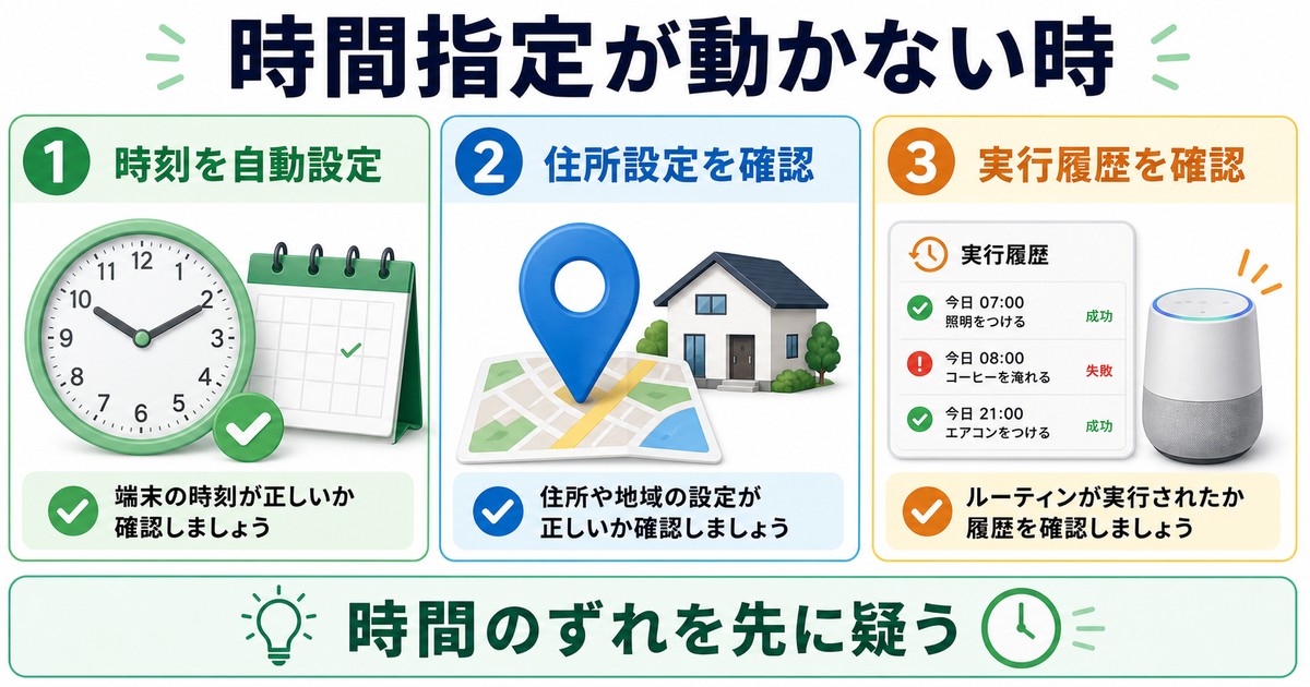 時間指定ルーティンが動かない時に時刻住所実行履歴の順で確認する図解