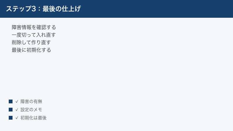 サーバー障害の確認からルーティンの作り直し・初期化までの最終手段を示した図解