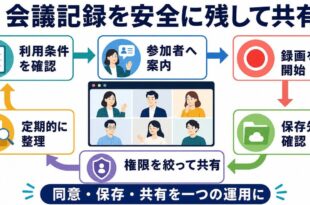会議録画の利用条件参加者案内保存先共有権限定期整理を示す図解