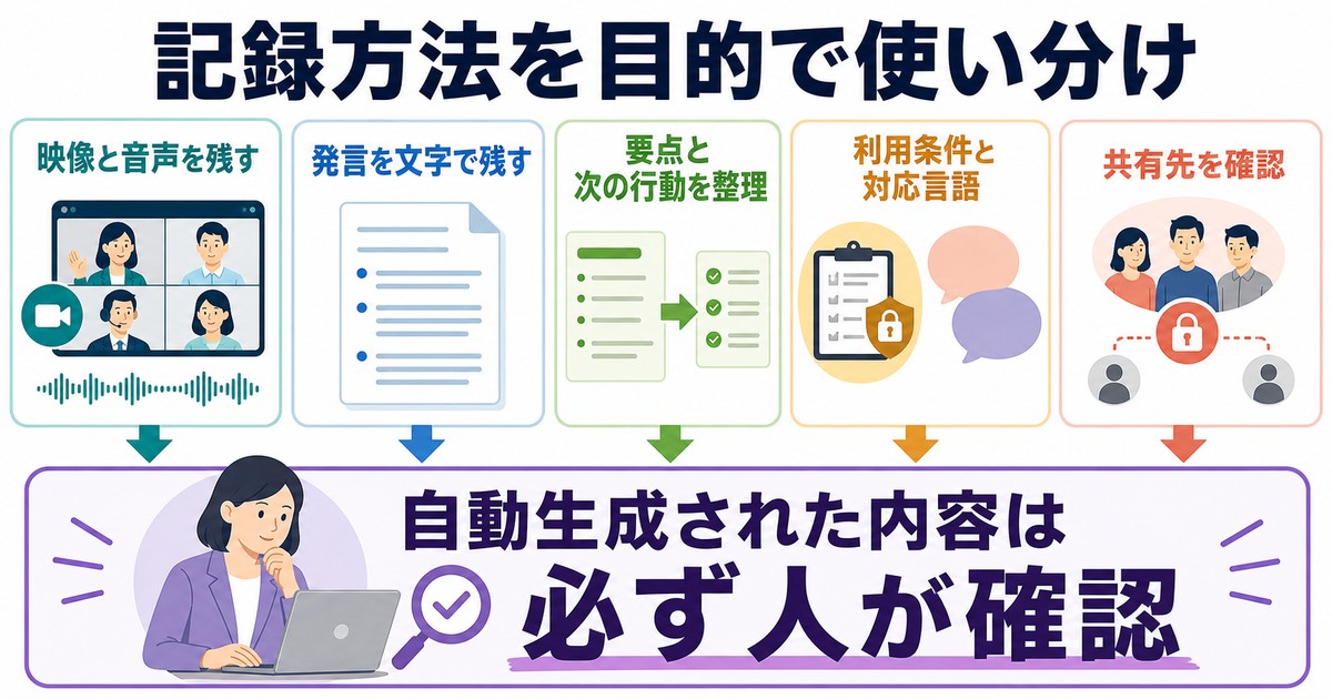 映像音声文字記録要点整理対応言語共有先を目的別に使い分ける図解