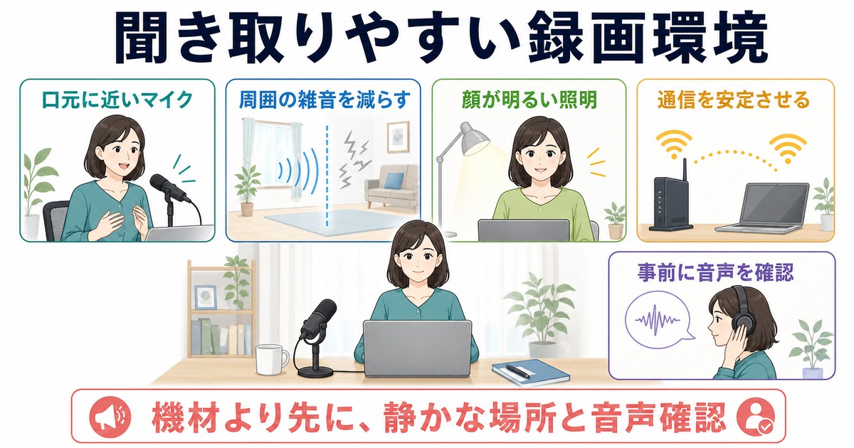 マイク雑音照明通信事前音声確認で聞き取りやすい録画環境を整える図解
