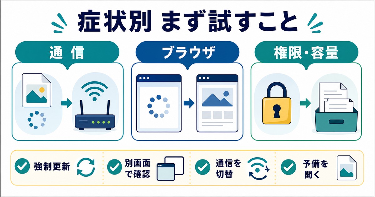 スライド資料が読み込み中で止まる時に通信ブラウザ権限容量の順に確認する早見表図解