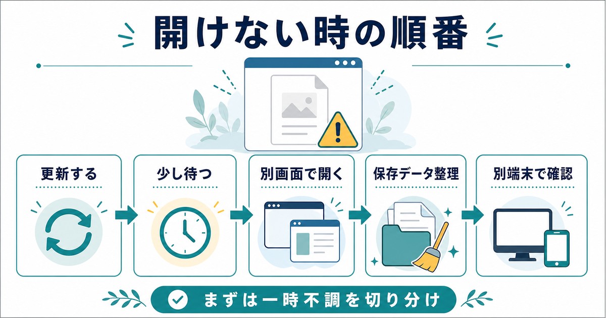 スライドファイルが開けない時に更新少し待つ別画面保存データ整理別端末で確認する流れの図解