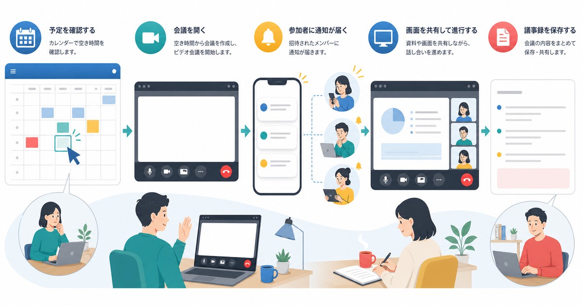 Google MeetとGoogleカレンダーで予定作成通知会議画面共有議事録をつなぐ図解