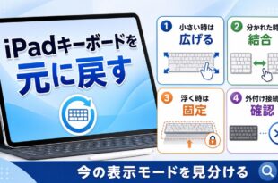 iPadキーボードが小さい、二つに分かれた、位置が浮く時に戻し方を順番に確認するアイキャッチ