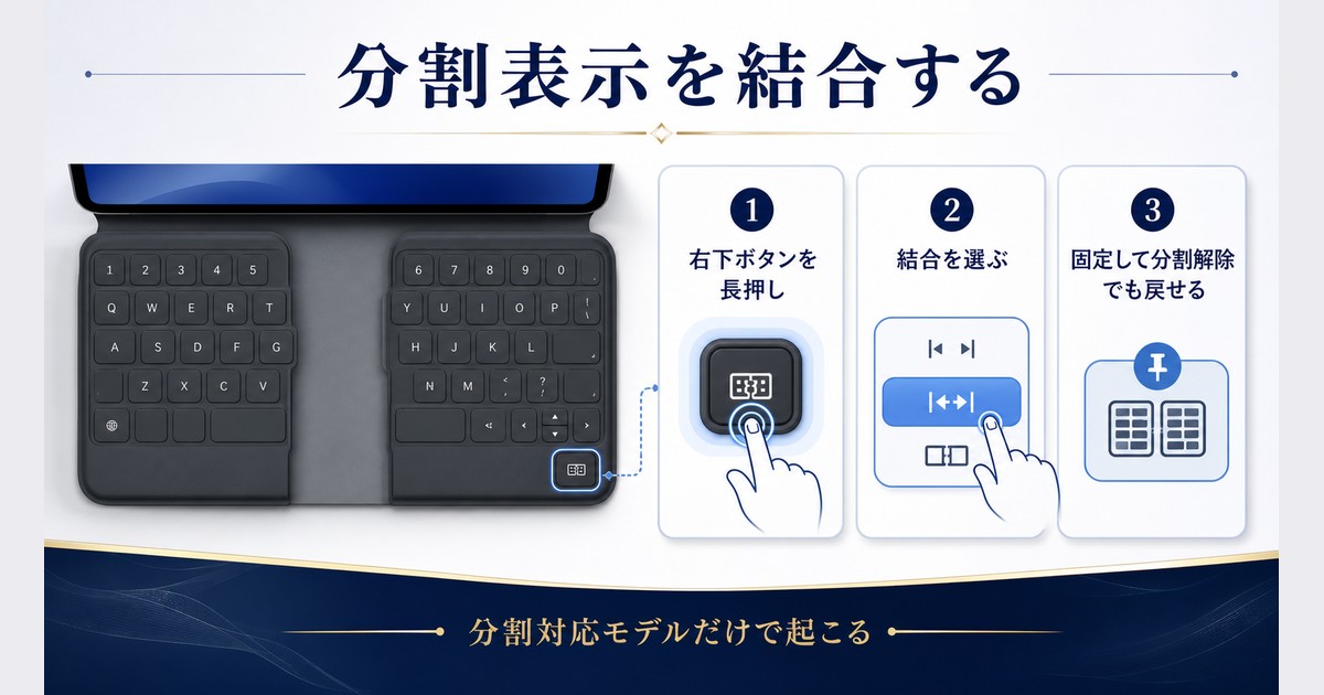 右下のキーボードボタン長押しから結合または固定して分割解除を選ぶ流れを整理した図解
